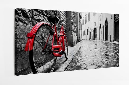 Obraz na płótnie HOMEPRINT, retro, vintage, czerwony rower na brukowanej ulicy w starym mieście, kolor w czerni i bieli 140x70 cm HOMEPRINT