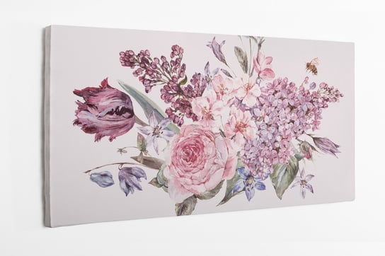 Obraz na płótnie HOMEPRINT, różowe kwiaty, bukiet wiosennych kwiatów, jasne tło, pszczółka, akwarele 140x70 cm HOMEPRINT
