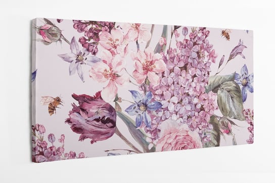 Obraz na płótnie HOMEPRINT, różowe kwiaty, bukiet wiosennych kwiatów, jasne tło, pszczółki, akwarele 100x50 cm HOMEPRINT