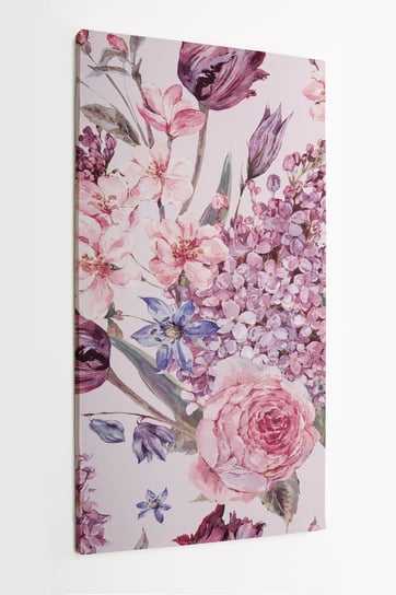 Obraz na płótnie HOMEPRINT, różowe kwiaty, bukiet wiosennych kwiatów, jasne tło, pszczółki, akwarele 50x100 cm HOMEPRINT