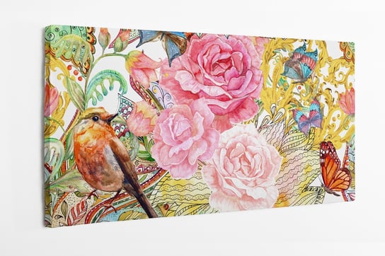 Obraz na płótnie HOMEPRINT, różowe kwiaty róży z ptakiem na kolorowym te 100x50 cm HOMEPRINT