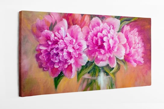 Obraz na płótnie HOMEPRINT, różowe piwonie w wazonie, obraz olejny imitacja, kwiaty w bukiecie, bukiet kwiatowy, różowy 120x50 cm HOMEPRINT