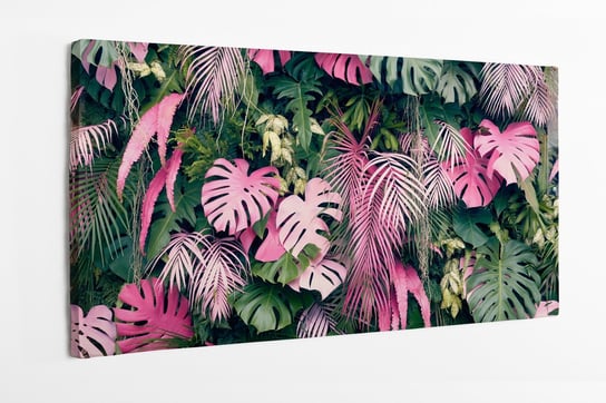 Obraz na płótnie HOMEPRINT, ściana zieleni, różowe oraz zielone liście monstery, tropikalne liści dzungla 100x50 cm HOMEPRINT