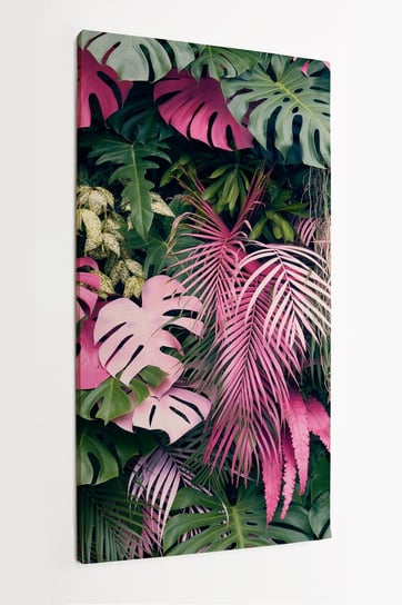 Obraz na płótnie HOMEPRINT, ściana zieleni, różowe oraz zielone liście monstery, tropikalne liści dzungla 50x100 cm HOMEPRINT