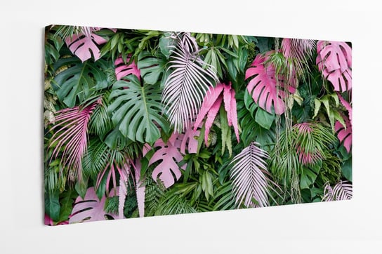 Obraz na płótnie HOMEPRINT, ściana zieleni,  różowe, zielone, liście, dżungla 100x50 cm HOMEPRINT