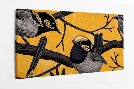 Obraz na płótnie HOMEPRINT, siedzące wróble na gałęzi na żółtym tle 100x50 cm HOMEPRINT