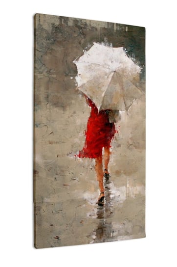 Obraz na płótnie HOMEPRINT, Spacerująca kobieta w czerwonej sukience w deszczowy dzień, styl glamur 50x100 cm HOMEPRINT