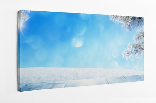 Obraz na płotnie HOMEPRINT, świąteczne tło z drewnianymi deskami, zima, śnieg,  zimowe, niebo, poranek, szron 100x50 cm HOMEPRINT