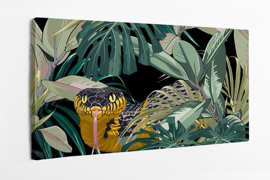 Obraz na płótnie HOMEPRINT, tropikalne liście na czarnym tle z żółtym wężem 100x50 cm HOMEPRINT