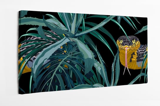 Obraz na płótnie HOMEPRINT, Tropikalne liście na czarnym tle z żółtym wężem 120x50 cm HOMEPRINT