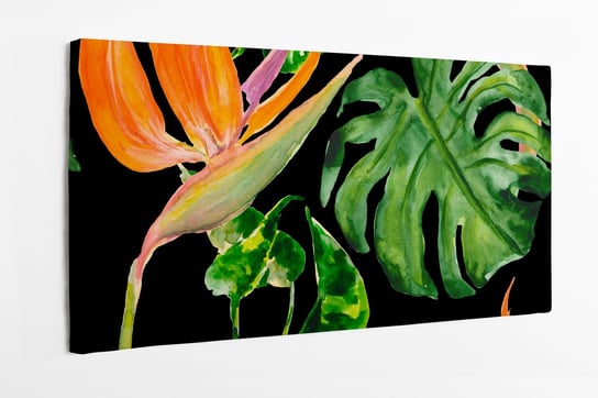 Obraz na płótnie HOMEPRINT, tropikalne liście wzór, dżungla, akwarele na czarnym tle 120x50 cm HOMEPRINT