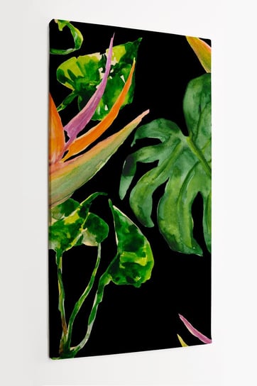 Obraz na płótnie HOMEPRINT, tropikalne liście wzór, dżungla, akwarele na czarnym tle 50x100 cm HOMEPRINT