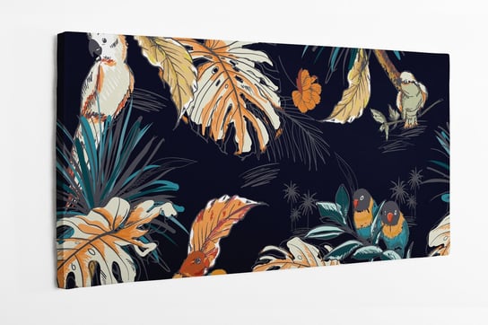 Obraz na płótnie HOMEPRINT, tropikalny wzór ręcznie rysowanych liści monstera oraz kolorowych papug na czarnym tle 100x50 cm HOMEPRINT
