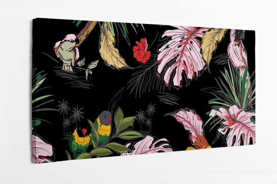 Obraz na płótnie HOMEPRINT, tropikalny wzór ręcznie rysowanych liści monstera oraz kolorowych papug na czarnym tle 100x50 cm HOMEPRINT
