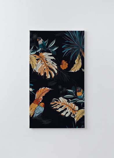 Obraz na płótnie HOMEPRINT, tropikalny wzór ręcznie rysowanych liści monstera oraz kolorowych papug na czarnym tle 60x120 cm HOMEPRINT