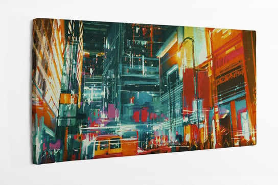 Obraz na płótnie HOMEPRINT, ulica miasta w nocy, kolorowe światła, farby olejne , malunek, dział 100x50 cm HOMEPRINT