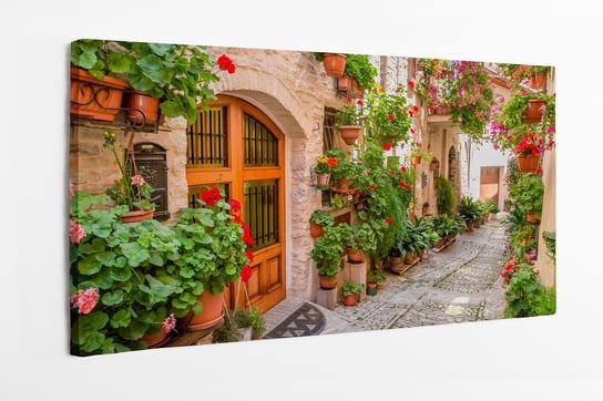 Obraz na płotnie HOMEPRINT, ulica w małym miasteczku we Włoszech latem, Umbria, kwiaty doniczkowe, kwiaty 100x50 cm HOMEPRINT