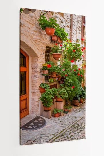 Obraz na płotnie HOMEPRINT, ulica w małym miasteczku we Włoszech latem, Umbria, kwiaty doniczkowe, kwiaty 50x100 cm HOMEPRINT