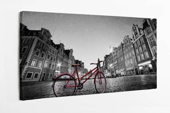 Obraz na płótnie HOMEPRINT, Vintage, czerwony rower na bruku zabytkowego starego miasta w deszczu, Wrocław, Polska 100x50 cm HOMEPRINT
