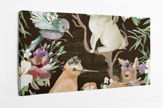 Obraz na płótnie HOMEPRINT, vintage, zaczarowany las, zwierzęta leśne i ptaki z kwiatami, stare drewno 120x50 cm HOMEPRINT