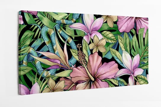 Obraz na płótnie HOMEPRINT, wąż, tropikalny wzór, kwiaty, liście, dżungla 100x50 cm HOMEPRINT
