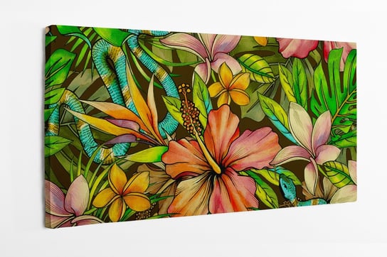 Obraz na płótnie HOMEPRINT, wąż, tropikalny wzór, kwiaty, liście, dżungla 120x60 cm HOMEPRINT