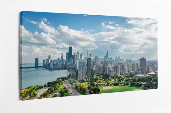 Obraz na płótnie HOMEPRINT, widok z lotu ptaka na panoramę jeziora Michigan i centrum miasta Chicago. 120x50 cm HOMEPRINT