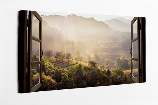 Obraz na płótnie HOMEPRINT, widok z okna, krajobraz, poranek, góry, pola, okno 120x60 cm HOMEPRINT