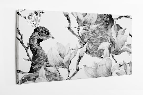 Obraz na płótnie HOMEPRINT, wzór, akwarele, para pawi, kwiaty Magnolii 140x70 cm HOMEPRINT