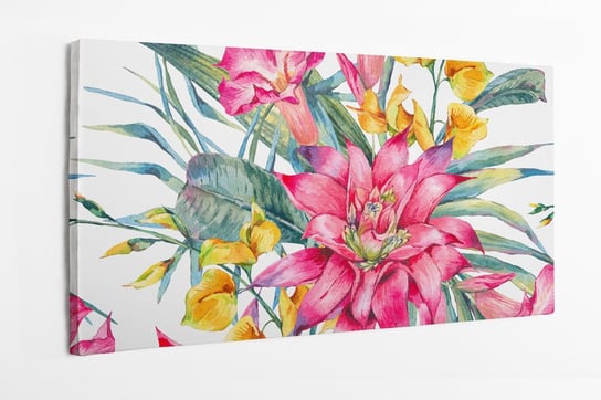 Obraz na płótnie HOMEPRINT, wzór tropikalny, bukiet kwiatowy, tropikalne kwiaty, liście 140x70 cm HOMEPRINT