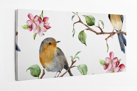 Obraz na płótnie HOMEPRINT, wzór z gałęziami drzew, ptaki, kwiat jabłoni, rudzik 120x60 cm HOMEPRINT