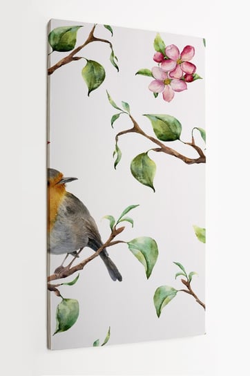 Obraz na płótnie HOMEPRINT, wzór z gałęziami drzew, ptaki, kwiat jabłoni, rudzik 50x100 cm HOMEPRINT