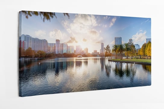Obraz na płótnie HOMEPRINT, zachód słońca, Orlando, Lake Eola, fontanna, panorama miasta, Floryda, USA 100x50 cm HOMEPRINT