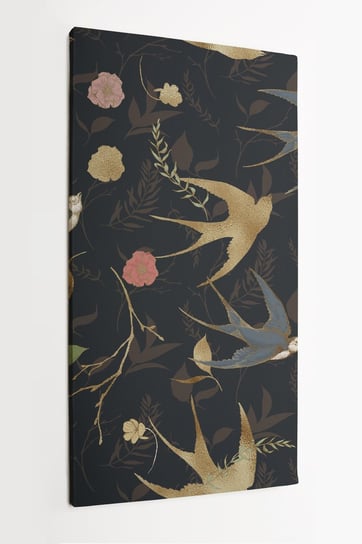 Obraz na płótnie HOMEPRINT,  złoto-srebrne jaskółki i elementy kwiatowe na ciemnym tle. Dla 50x100 cm HOMEPRINT