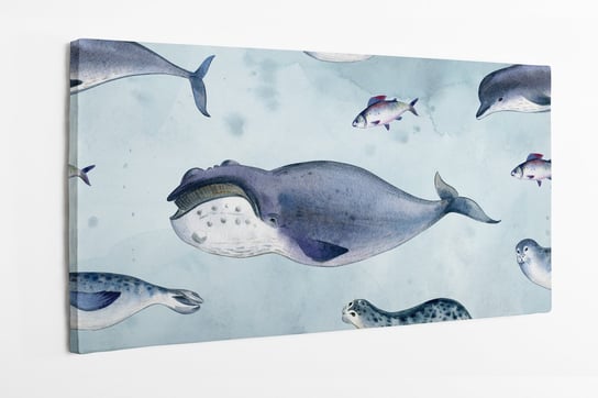 Obraz na płótnie HOMEPRINT, zwierzęta morskie: delfin, wieloryb, ryba i foka na błękitnym akwarelowym tle. Fauna morska 120x50 cm HOMEPRINT