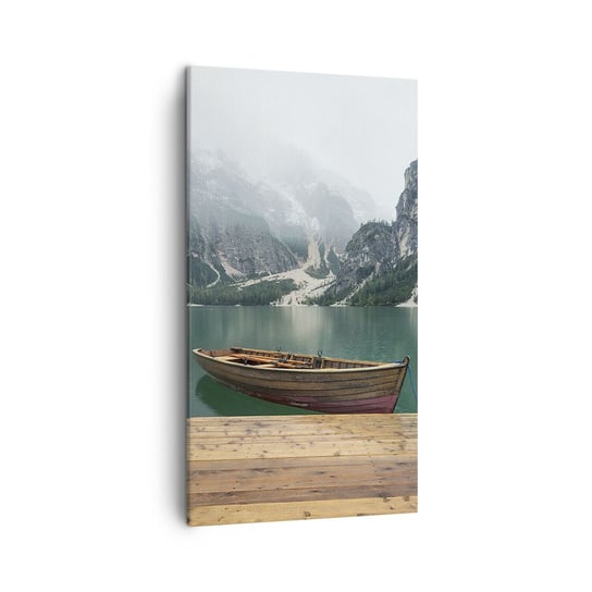 Obraz na płótnie - "I dumne opoki czoła" - 45x80 cm - Obraz nowoczesny - Krajobraz, Góry, Jezioro, Łódka, Tyrol - PA45x80-3978 ARTTOR
