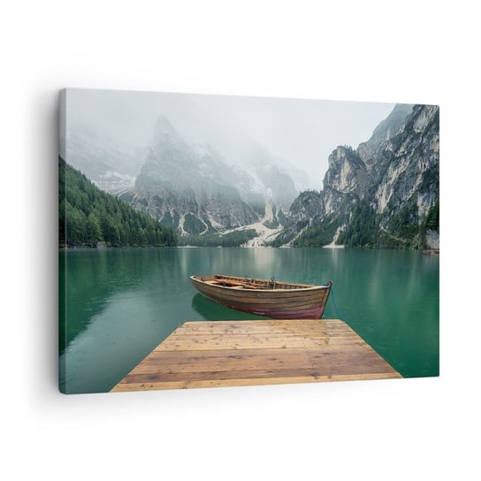 Obraz na płótnie - "I dumne opoki czoła" - 70x50 cm - Obraz nowoczesny - Krajobraz, Góry, Jezioro, Łódka, Tyrol - AA70x50-3978 ARTTOR