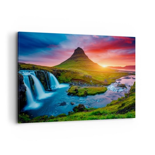 Obraz na płótnie - Islandia - ogień i woda - 120x80cm - Krajobraz Islandia Kirkjufellsfoss - Nowoczesny obraz na ścianę do salonu do sypialni ARTTOR ARTTOR