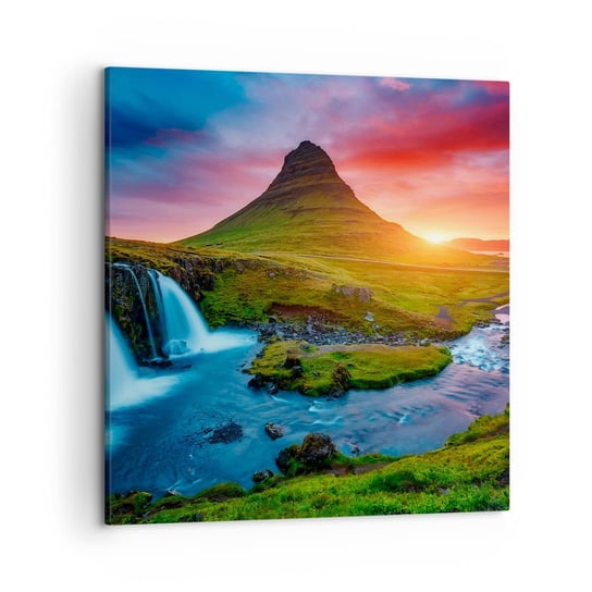 Obraz na płótnie - Islandia - ogień i woda - 50x50 cm - Obraz nowoczesny - Krajobraz, Islandia, Kirkjufellsfoss, Wulkan, Wodospad - AC50x50-2963 ARTTOR