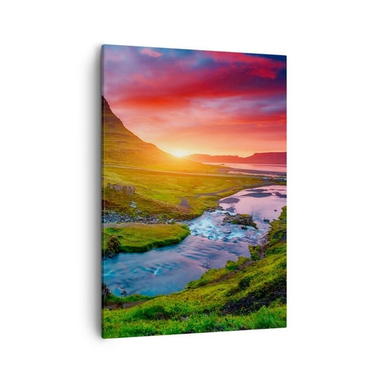 Obraz na płótnie - Islandia - ogień i woda - 50x70cm - Krajobraz Islandia Kirkjufellsfoss - Nowoczesny Canvas obraz do salonu do sypialni ARTTOR ARTTOR