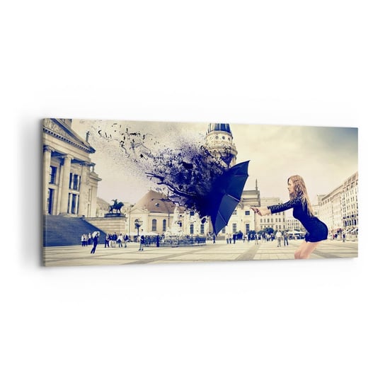 Obraz na płótnie - Jest taki wiatr… - 120x50cm - Kobieta Miasto Tajemniczy Parasol - Nowoczesny obraz na ścianę do salonu do sypialni ARTTOR ARTTOR