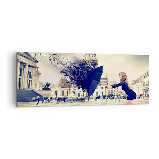 Obraz na płótnie - Jest taki wiatr… - 140x50cm - Kobieta Miasto Tajemniczy Parasol - Nowoczesny Canvas obraz do salonu do sypialni ARTTOR ARTTOR
