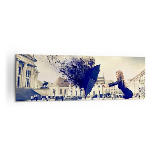 Obraz na płótnie - Jest taki wiatr… - 160x50cm - Kobieta Miasto Tajemniczy Parasol - Nowoczesny foto obraz w ramie do salonu do sypialni ARTTOR ARTTOR