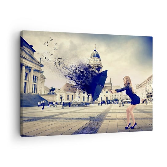 Obraz na płótnie - Jest taki wiatr… - 70x50 cm - Obraz nowoczesny - Kobieta, Miasto, Tajemniczy Parasol, Abstrakcja, Modelka - AA70x50-2627 ARTTOR