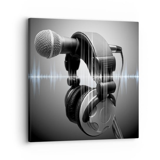 Obraz na płótnie - Jeszcze słychać śpiew - 30x30 cm - Obraz nowoczesny - Mikrofon, Słuchawki Muzyczne, Muzyka, Studio Muzyczne, Fala Częstotliwości - AC30x30-2549 ARTTOR