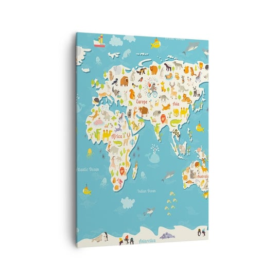 Obraz na płótnie - Kochamy cały świat - 70x100cm - Mapa Świata Zwierzęta Dla Dzieci - Nowoczesny foto obraz w ramie do salonu do sypialni ARTTOR ARTTOR