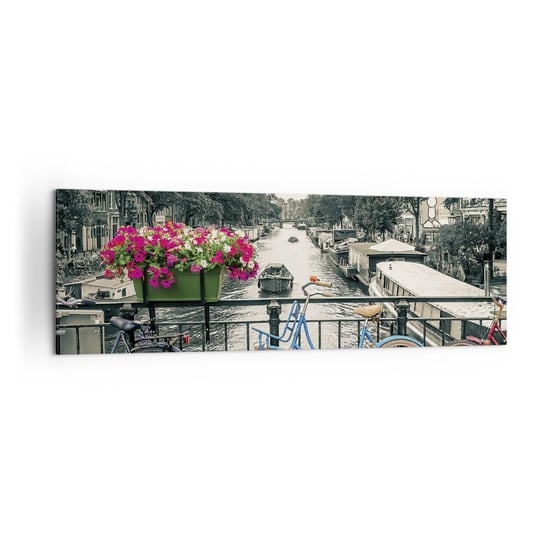 Obraz na płótnie - Kolory amsterdamskiej ulicy - 160x50cm - Miasto Amsterdam Rower - Nowoczesny foto obraz w ramie do salonu do sypialni ARTTOR ARTTOR