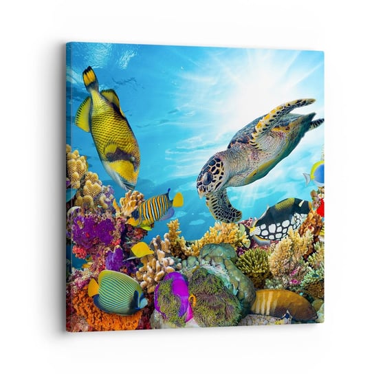 Obraz na płótnie - Koralowa promenada - 30x30 cm - Obraz nowoczesny - Rafa Koralowa, Morze, Podwodny Świat, Żółw, Ryby - AC30x30-3704 ARTTOR