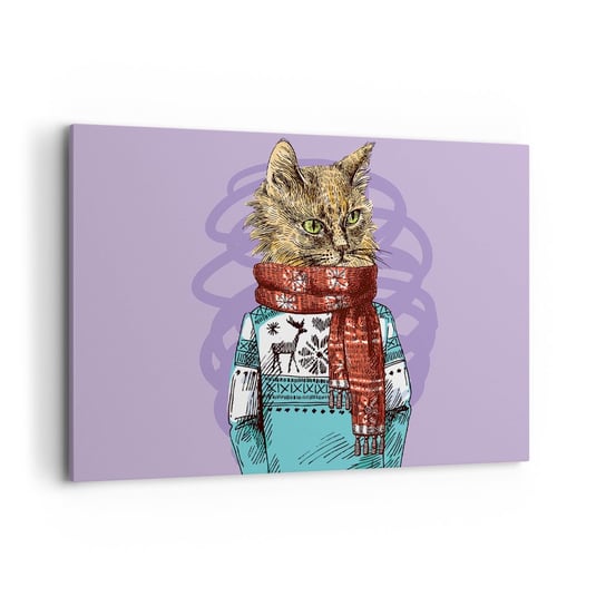 Obraz na płótnie - Kot nie tylko w butach - 100x70cm - Abstrakcja Kot Wełniany Sweter - Nowoczesny foto obraz w ramie do salonu do sypialni ARTTOR ARTTOR