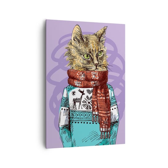 Obraz na płótnie - Kot nie tylko w butach - 70x100cm - Abstrakcja Kot Wełniany Sweter - Nowoczesny foto obraz w ramie do salonu do sypialni ARTTOR ARTTOR